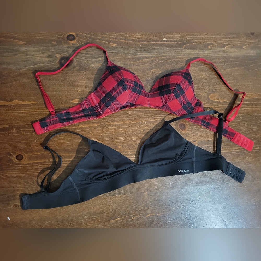 Red Plaid and Black Bra Set